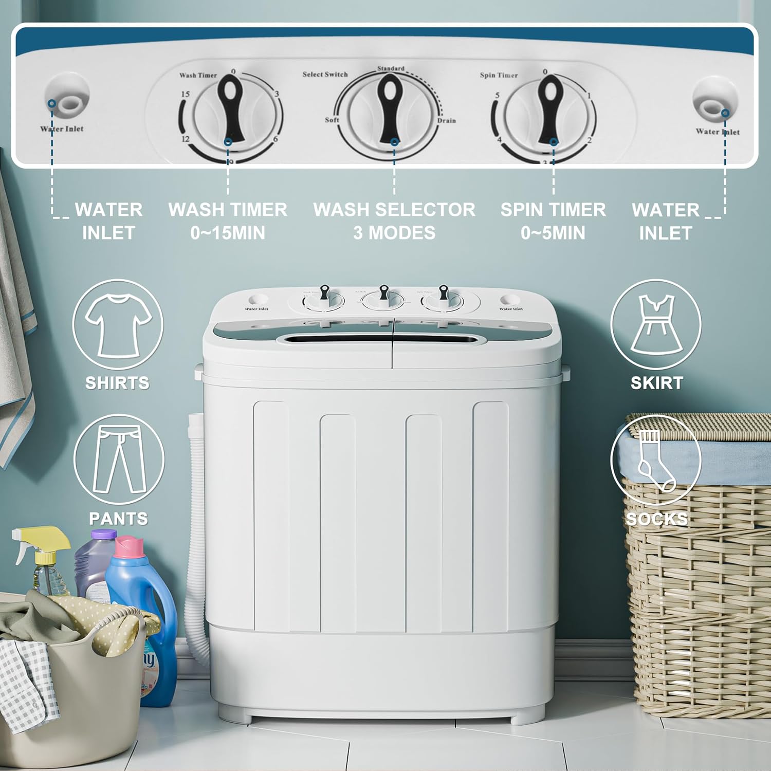 SUPER DEAL SUPER DEAL Compact Mini Twin Tub Washing Machine 13lbs