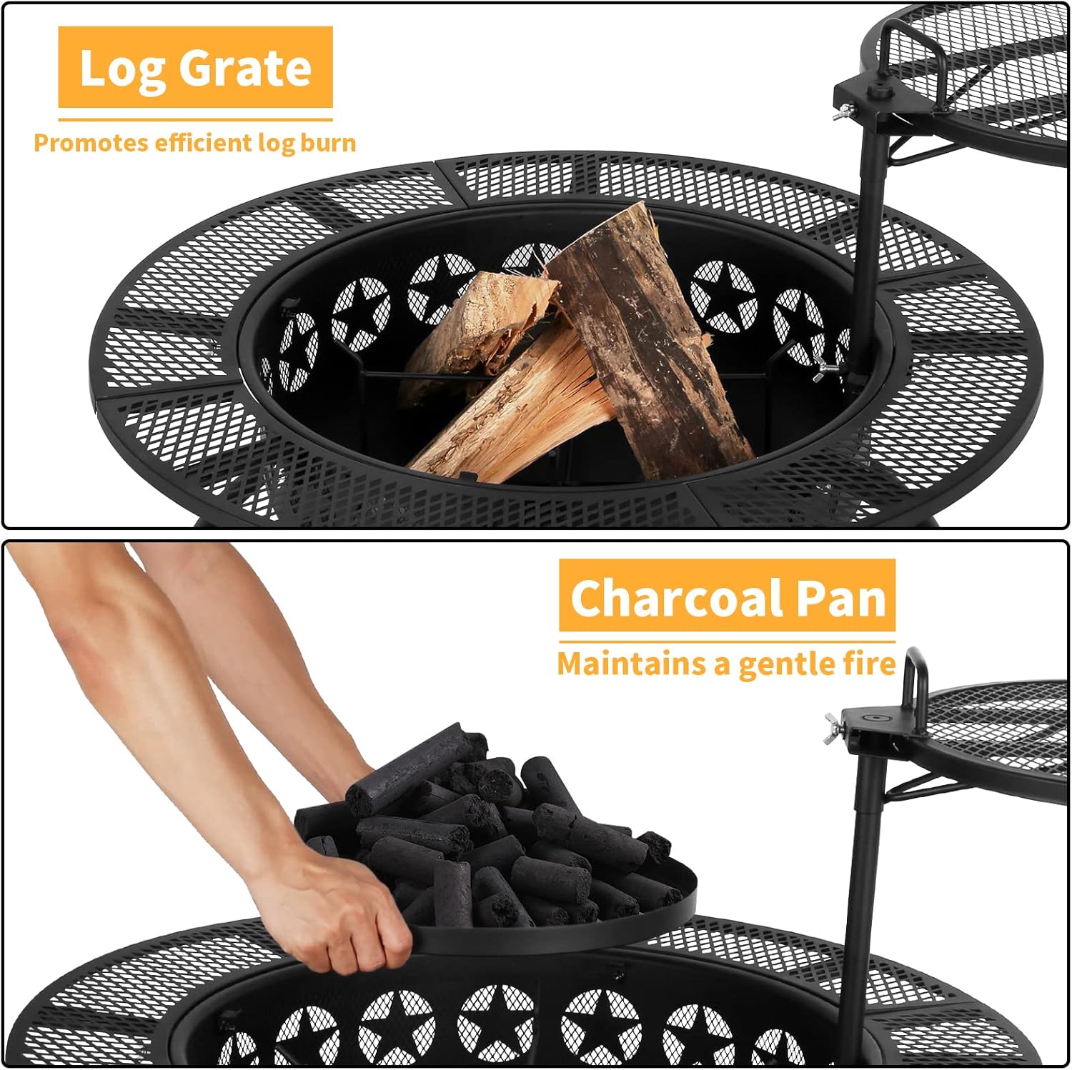 Hykolity 35 Inch Fire Pit with 2 Cooking Grate & Charcoal Pan