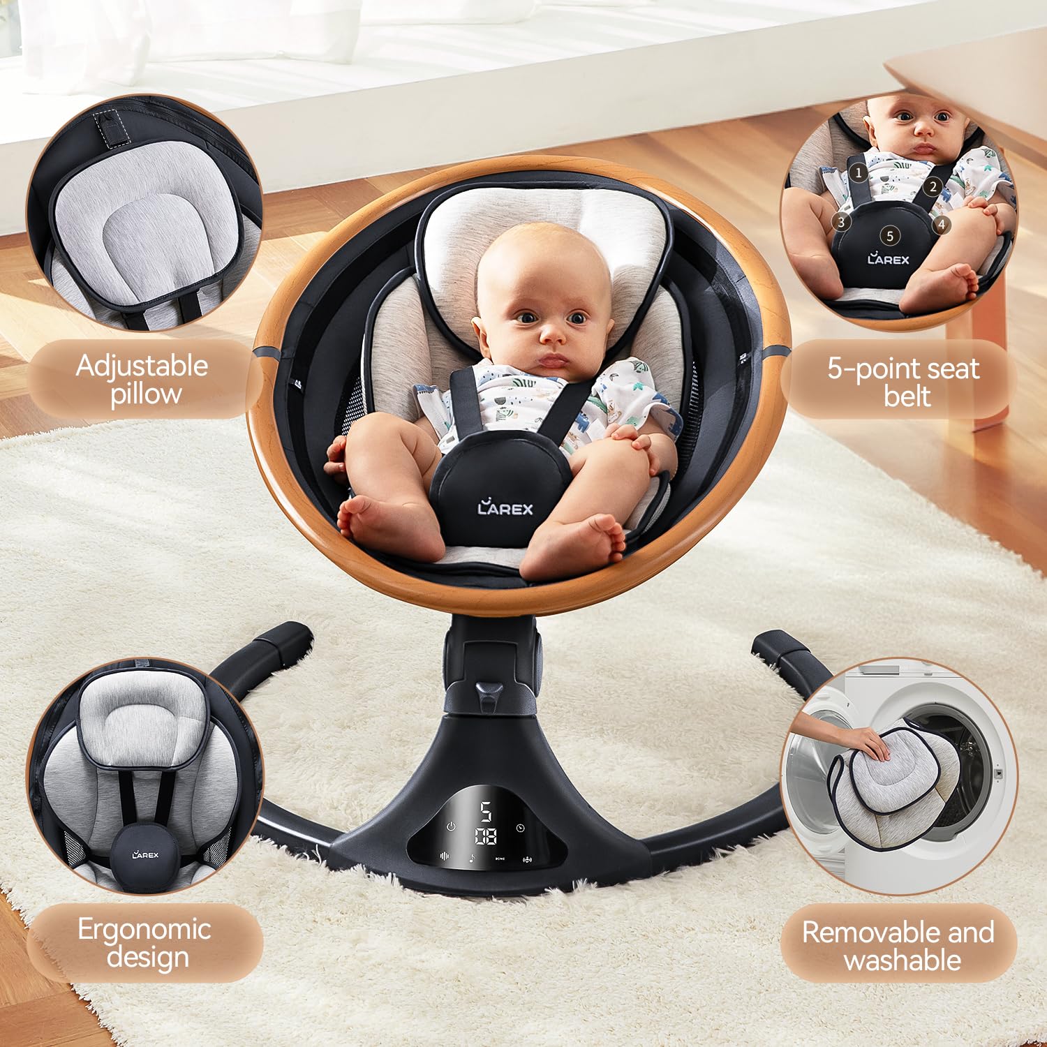 LAREX Baby Swings for Infants to Toddler-Electric Bluetooth Infant Swing with Remote Control