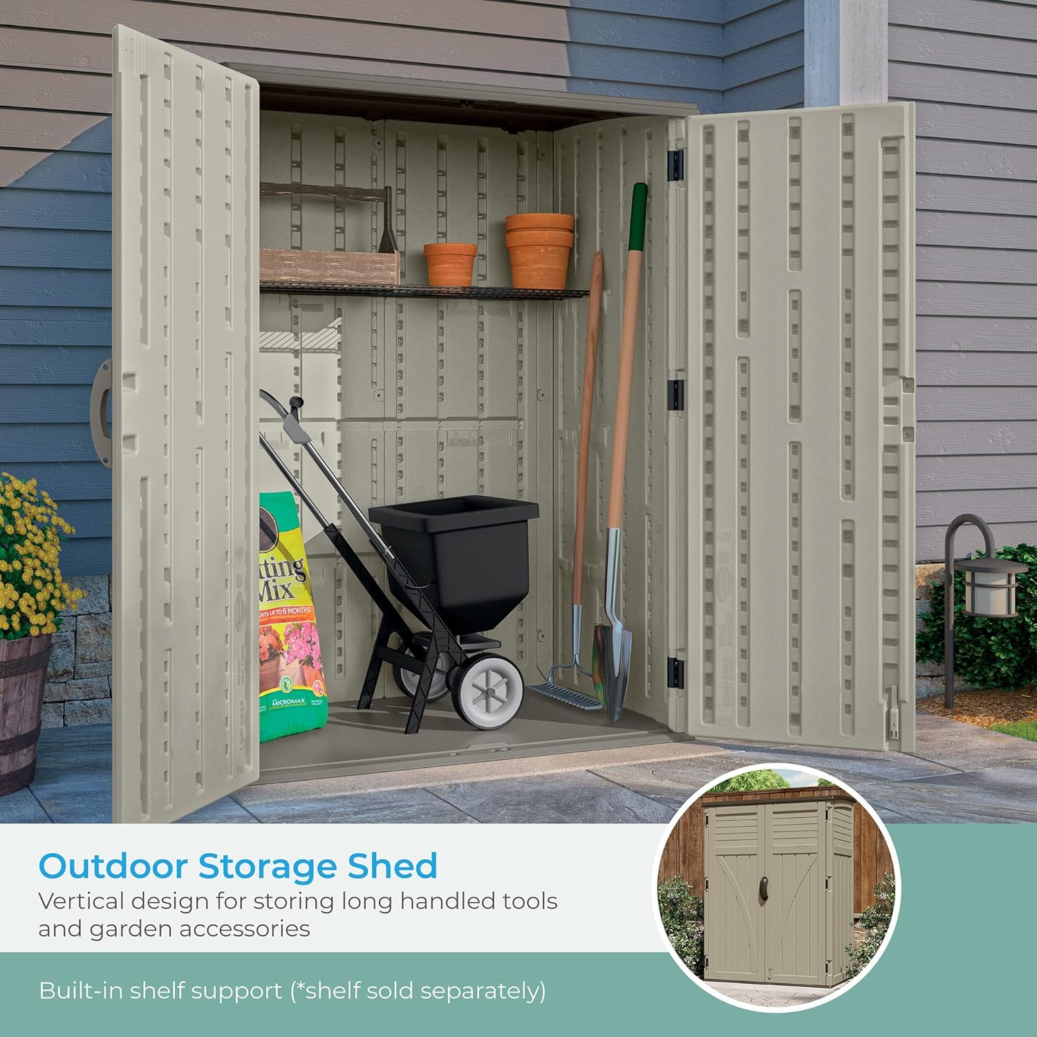 Suncast 54 Cubic Feet Vertical Storage Shed with Durable Plastic Construction