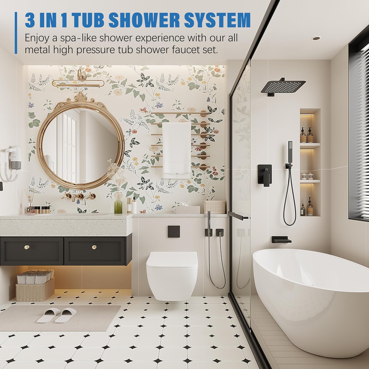 HoliSpa Black Shower System with 10” Rain Shower Head and Handheld Spray combo