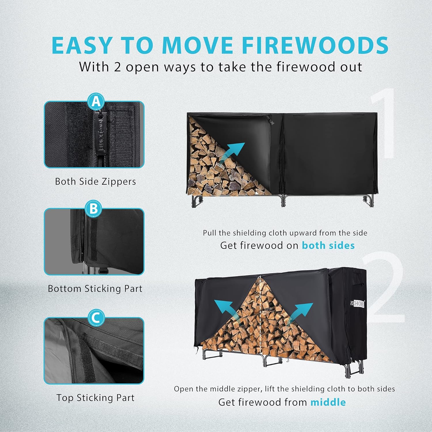 VIVOHOME 8ft Heavy Duty Indoor Outdoor Firewood Storage Log Rack with Cover Combo Set Black