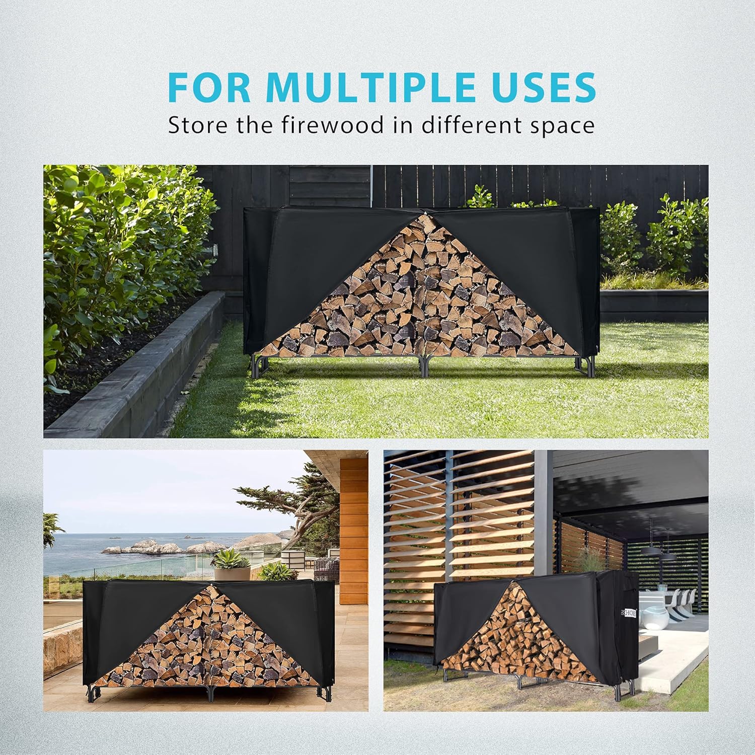 VIVOHOME 8ft Heavy Duty Indoor Outdoor Firewood Storage Log Rack with Cover Combo Set Black