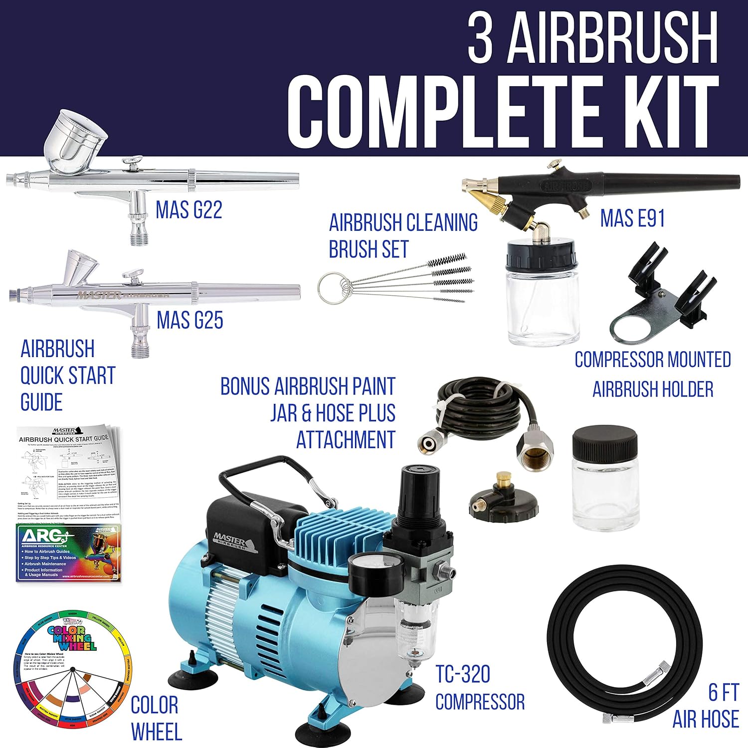 Master Airbrush Dual Fan Air Compressor Professional Airbrushing System Kit with 3 Airbrushes