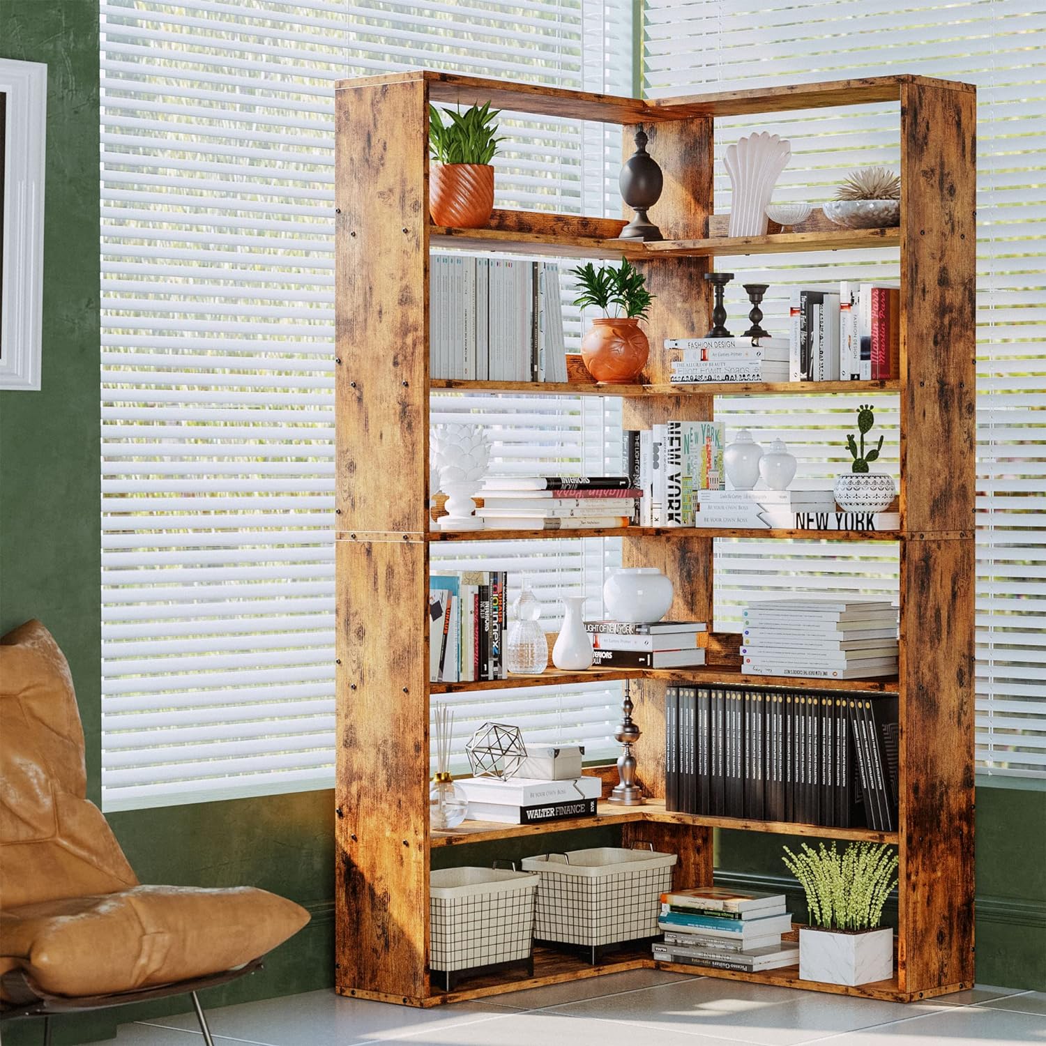 IRONCK Bookshelves 6 Tiers with Baffles Industrial Large Corner Etagere Bookcase