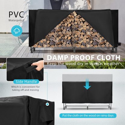 VIVOHOME 8ft Heavy Duty Indoor Outdoor Firewood Storage Log Rack with Cover Combo Set Black