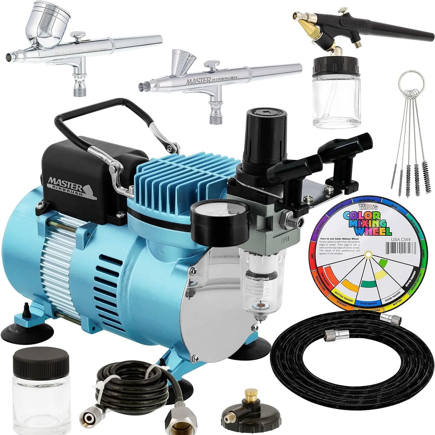 Master Airbrush Cool Runner II Dual Fan Air Compressor Professional Airbrushing System Kit with 3 Airbrushes, Gravity and Siphon Feed - Holder, Color Mixing Wheel, Cleaning Brush Set, How-To Guide