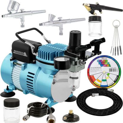 Master Airbrush Cool Runner II Dual Fan Air Compressor Professional Airbrushing System Kit with 3 Airbrushes, Gravity and Siphon Feed - Holder, Color Mixing Wheel, Cleaning Brush Set, How-To Guide