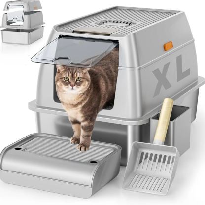 Stainless Steel Cat Litter Box with Lid, XL Extra Large Litter Box for Big Cats, Enclosed Removable Metal Litter Box with High Sided Enclosure & Scoop, Anti-Leakage, Non-Sticky, Easy Cleaning(Grey)