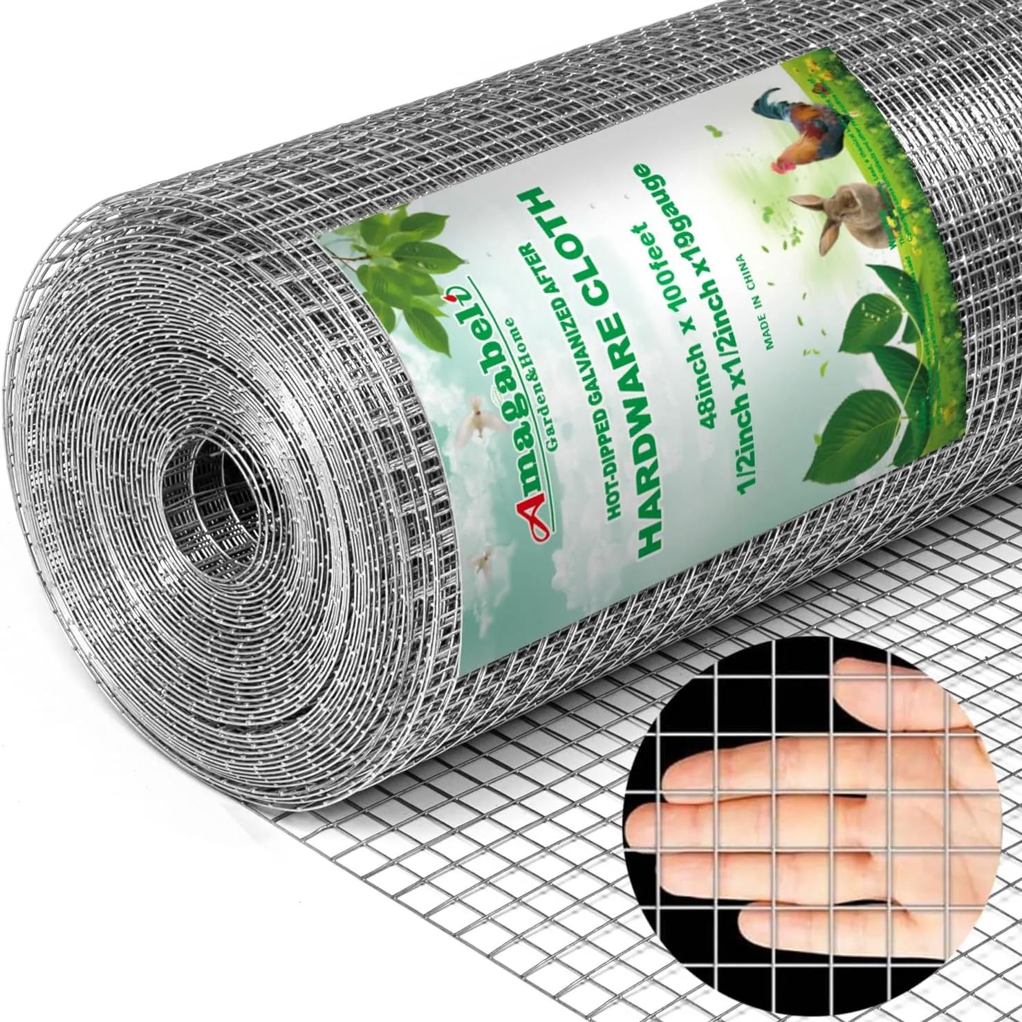 AMAGABELI GARDEN & HOME Hardware Cloth 1/2 inch 48inx100ft Galvanized After Welding 19 Gauge Square Chicken Wire Fence Mesh Roll Raised Garden Bed Plant Supports Poultry Netting Cage Snake Fence JW008