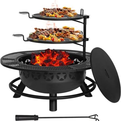Hykolity 35 Inch Fire Pit with 2 Cooking Grate & Charcoal Pan, Outdoor Wood Burning BBQ Grill Firepit Bowl with Cover Lid, Steel Round Table for Backyard Bonfire Patio Picnic