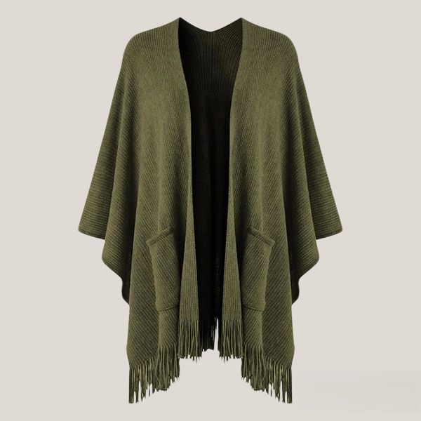 Army Green Women's Knitted Lightweight Cardigan Shawl with Pockets