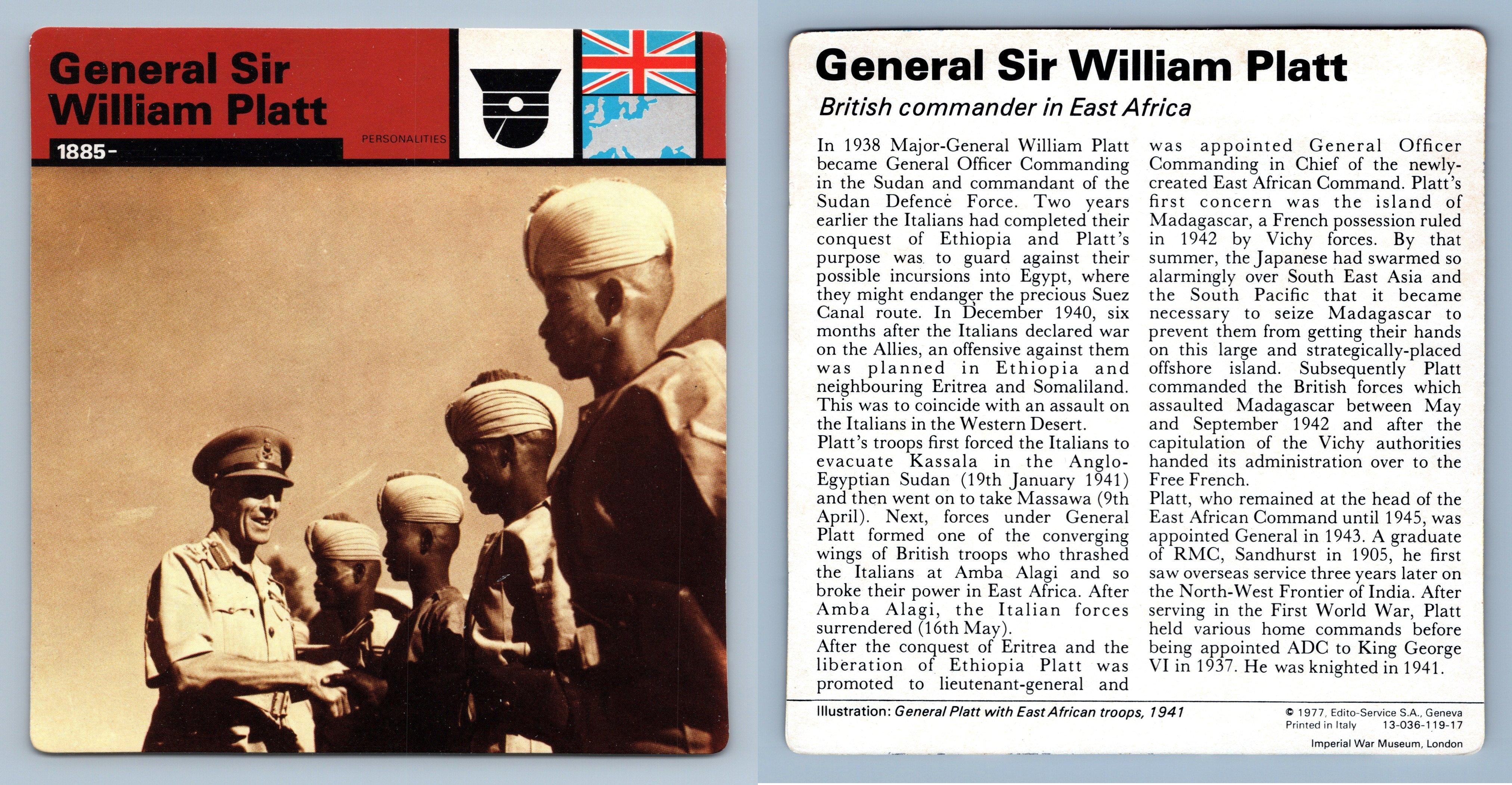 Gen. Sir William Platt - 1885- Personalities - WW2 Edito-Service SA 1977 Card
