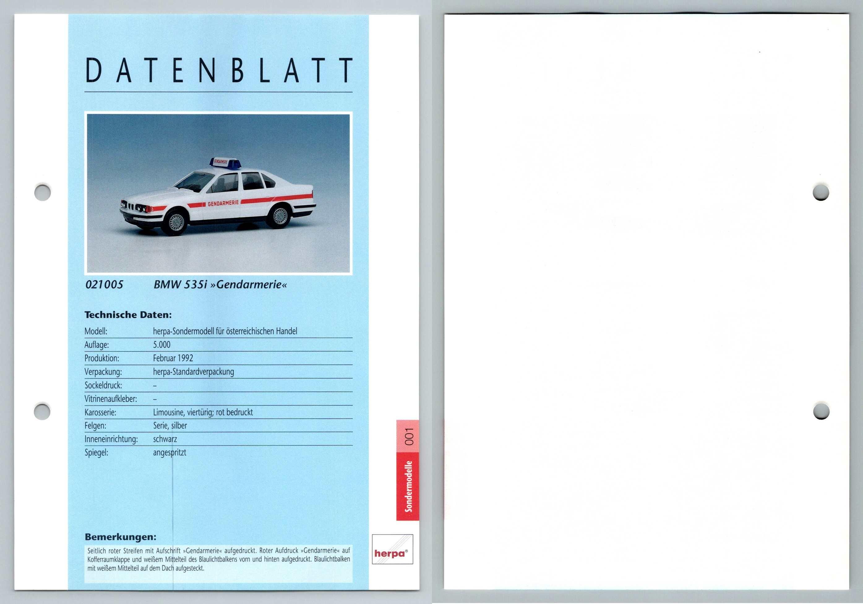 BMW 535i Gendarmerie #1 Sondermodelle - Herpa Data Sheet-Breakoutcards