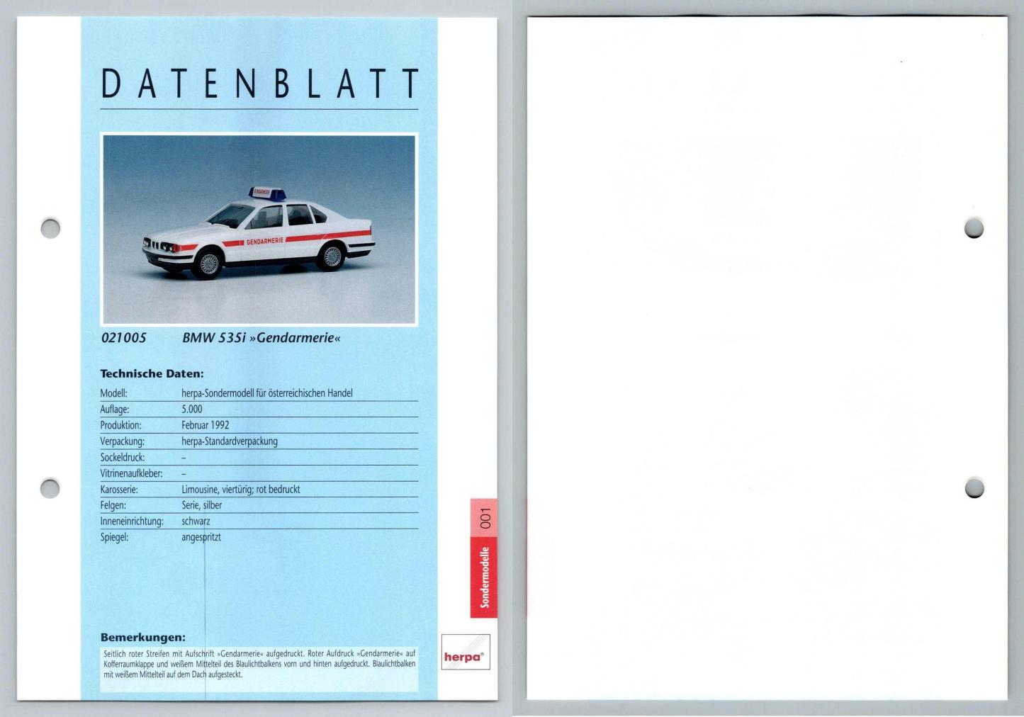 BMW 535i Gendarmerie #1 Sondermodelle - Herpa Data Sheet-Breakoutcards
