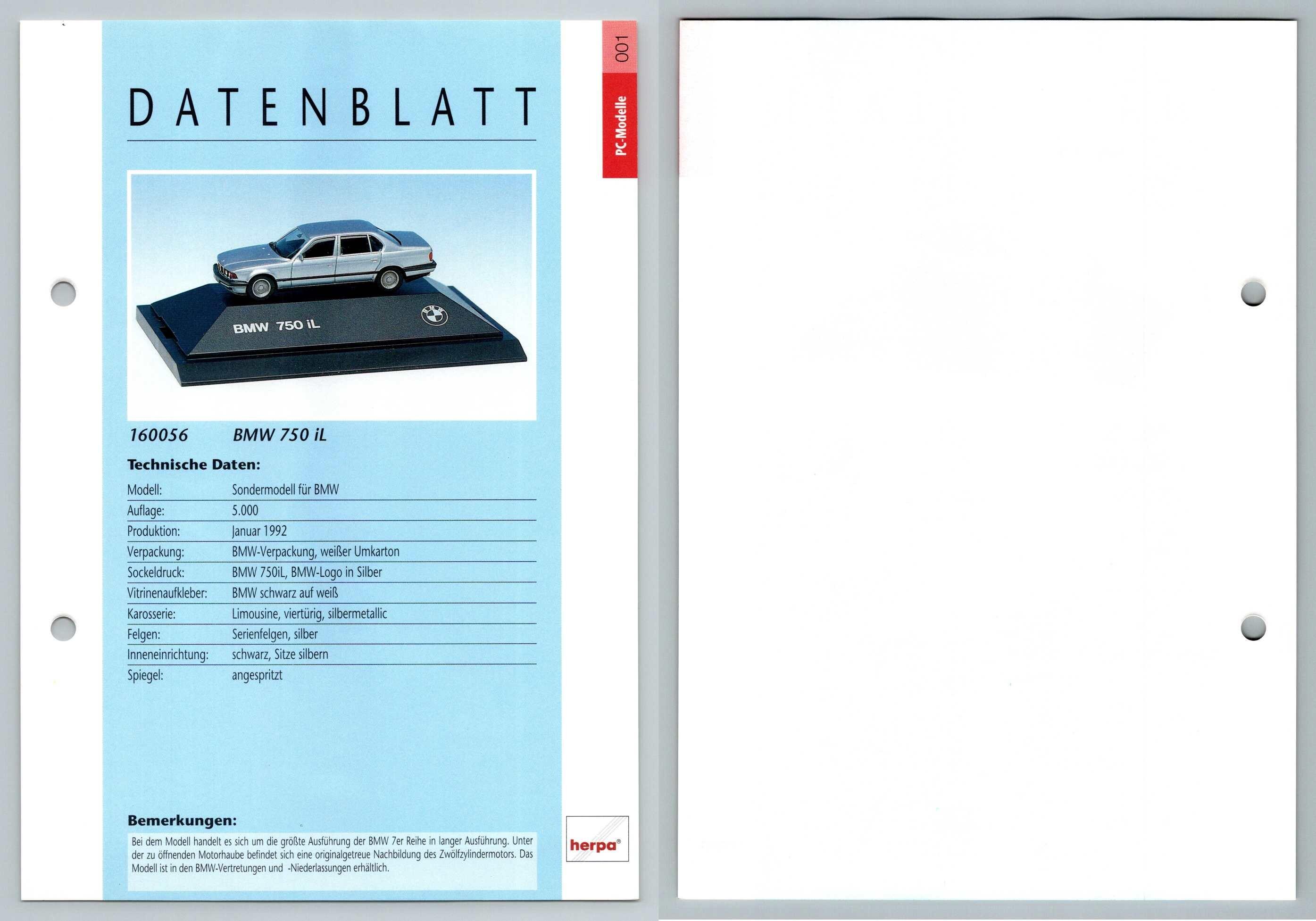 BMW 750 iL #1  PC-Modelle - Herpa Data Sheet-Breakoutcards