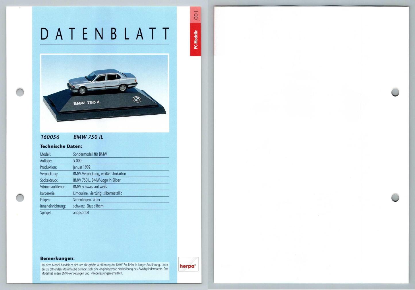 BMW 750 iL #1  PC-Modelle - Herpa Data Sheet-Breakoutcards