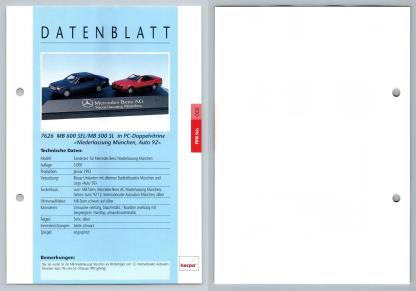 Mercedes Benz 600 SEL, 500SL #2 PKW - Herpa Data Sheet-Breakoutcards