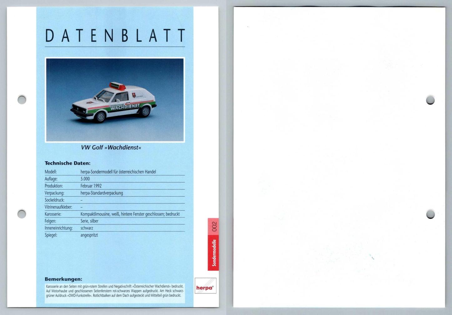 VW Golf Wachdienst #2 Sondermodelle - Herpa Data Sheet-Breakoutcards