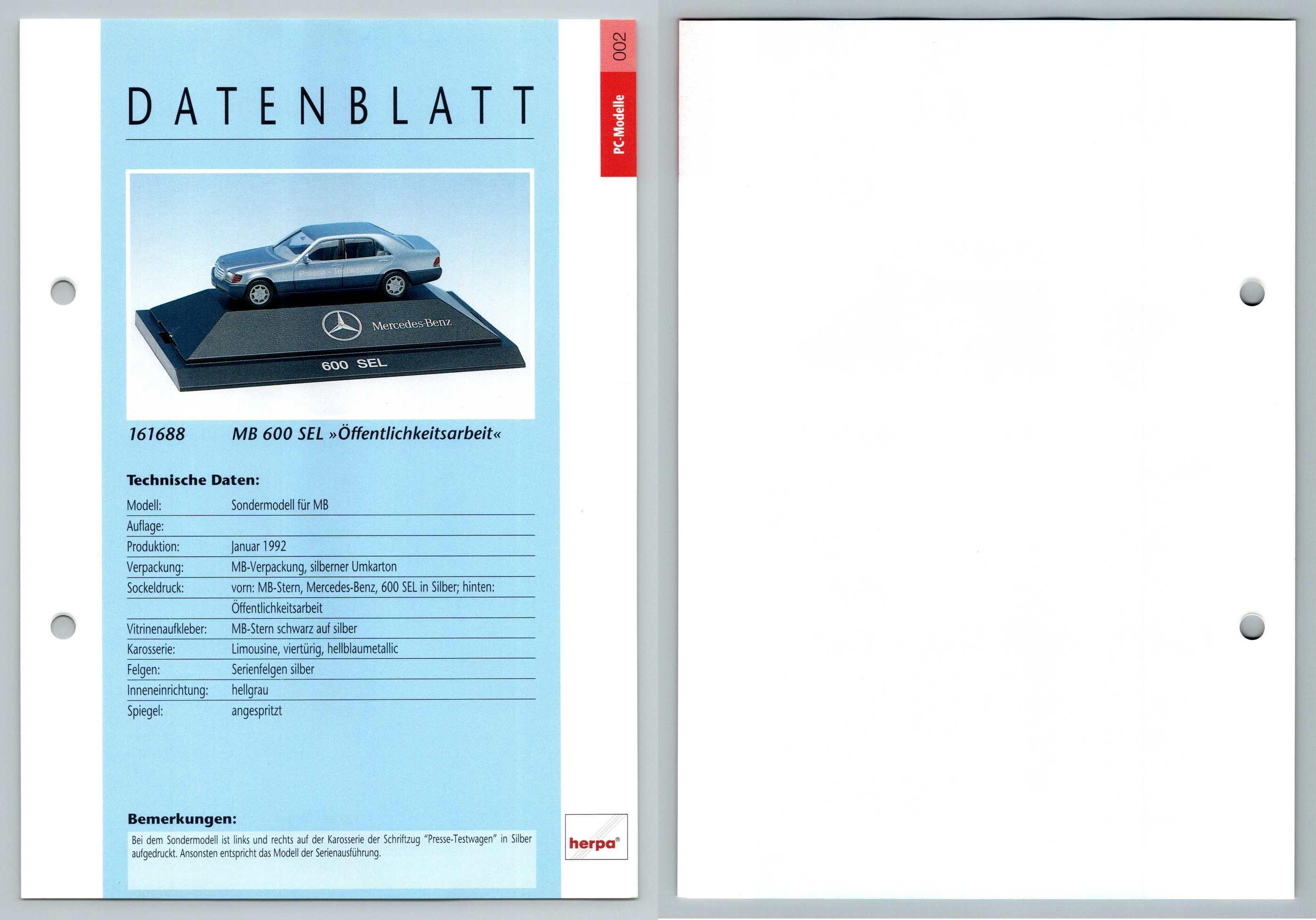 Mercees Benz 600 SEL #2  PC-Modelle - Herpa Data Sheet-Breakoutcards