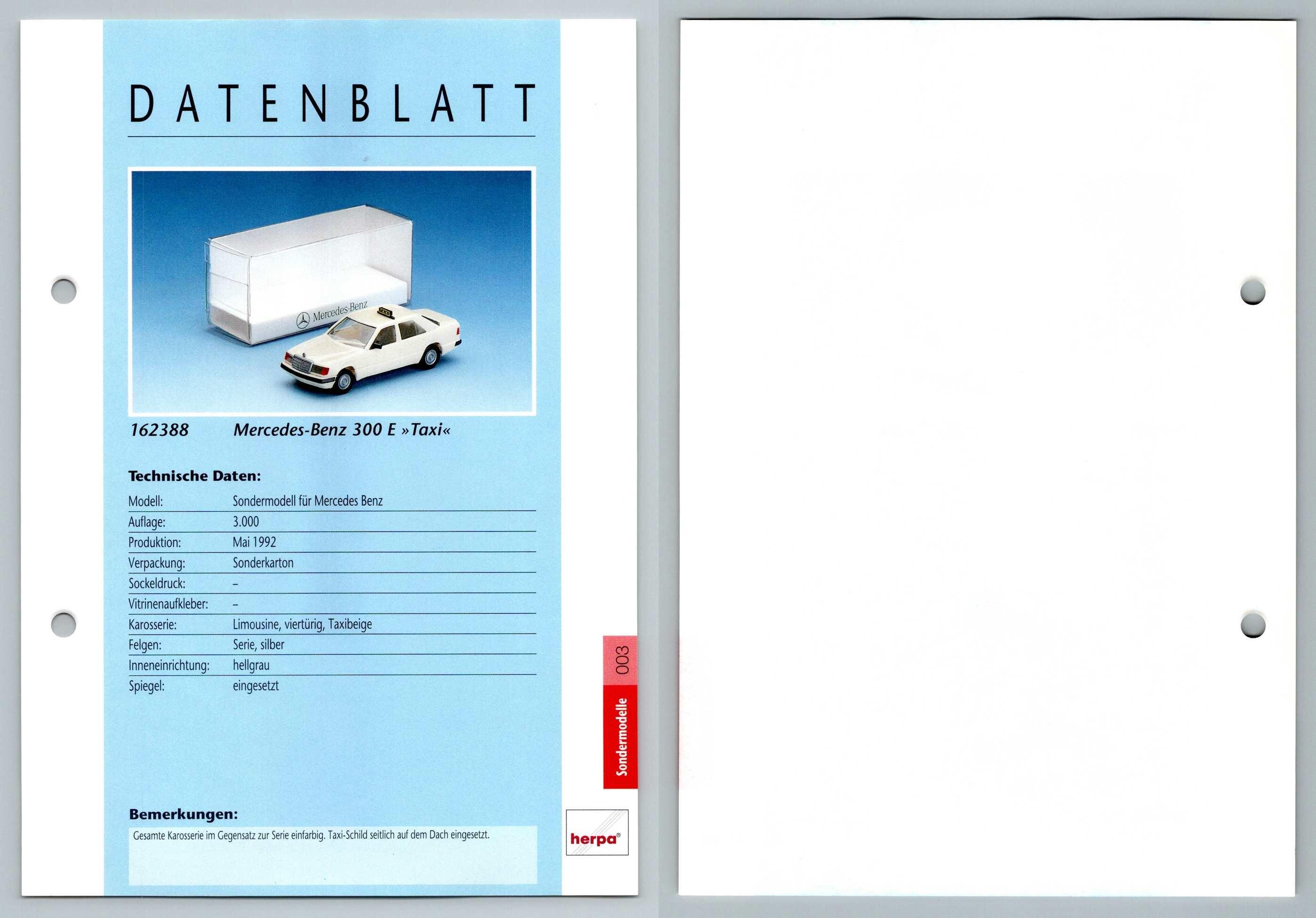 Mercedes Benz 300 E Taxi #3 Sondermodelle - Herpa Data Sheet-Breakoutcards