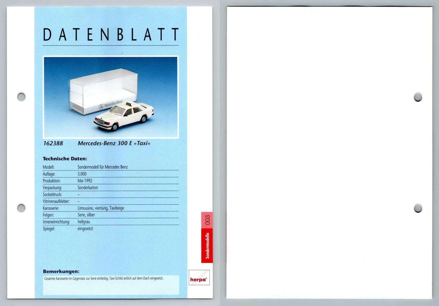 Mercedes Benz 300 E Taxi #3 Sondermodelle - Herpa Data Sheet-Breakoutcards