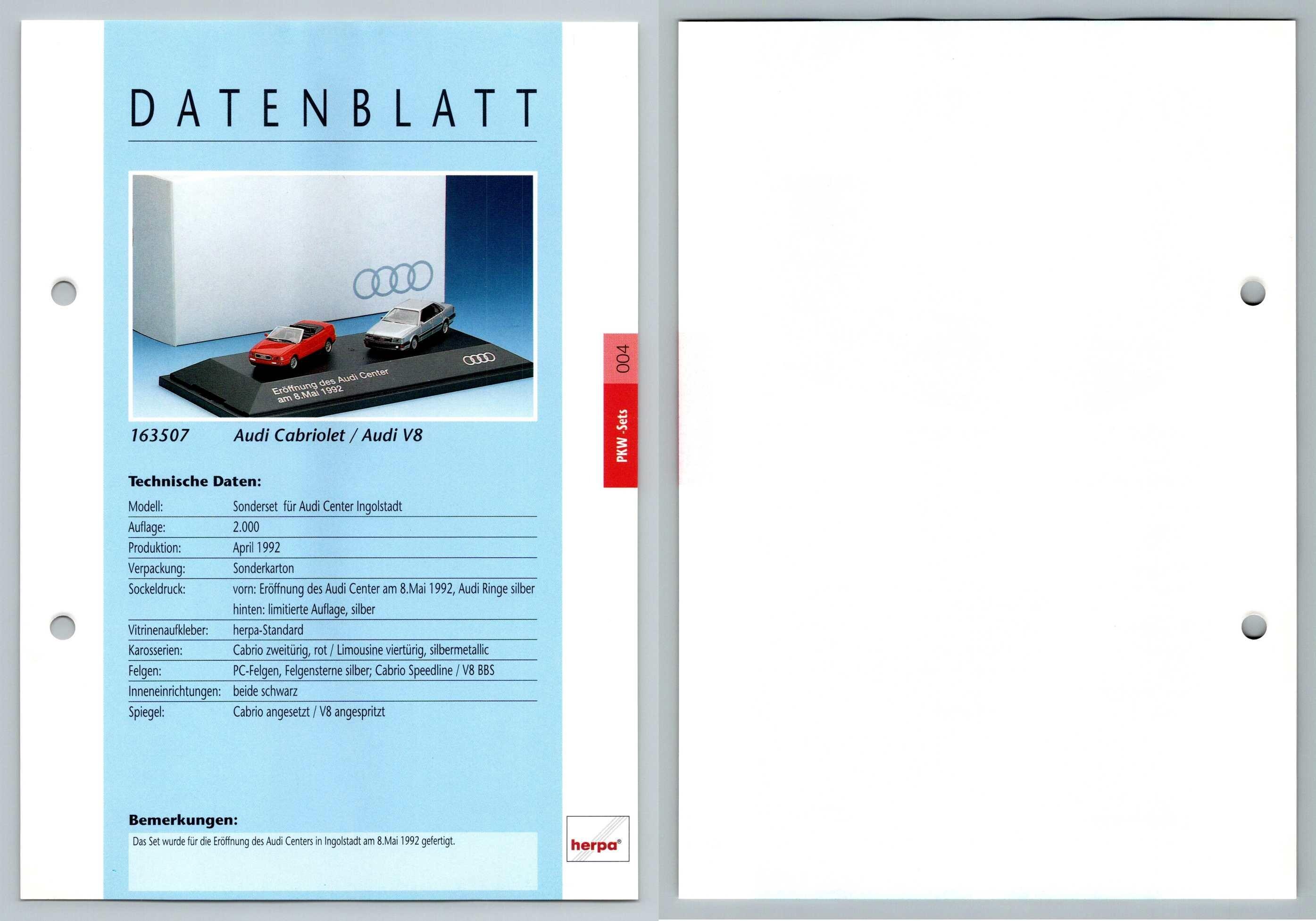 Audi Cabriolet, V8 #4 PKW - Herpa Data Sheet-Breakoutcards