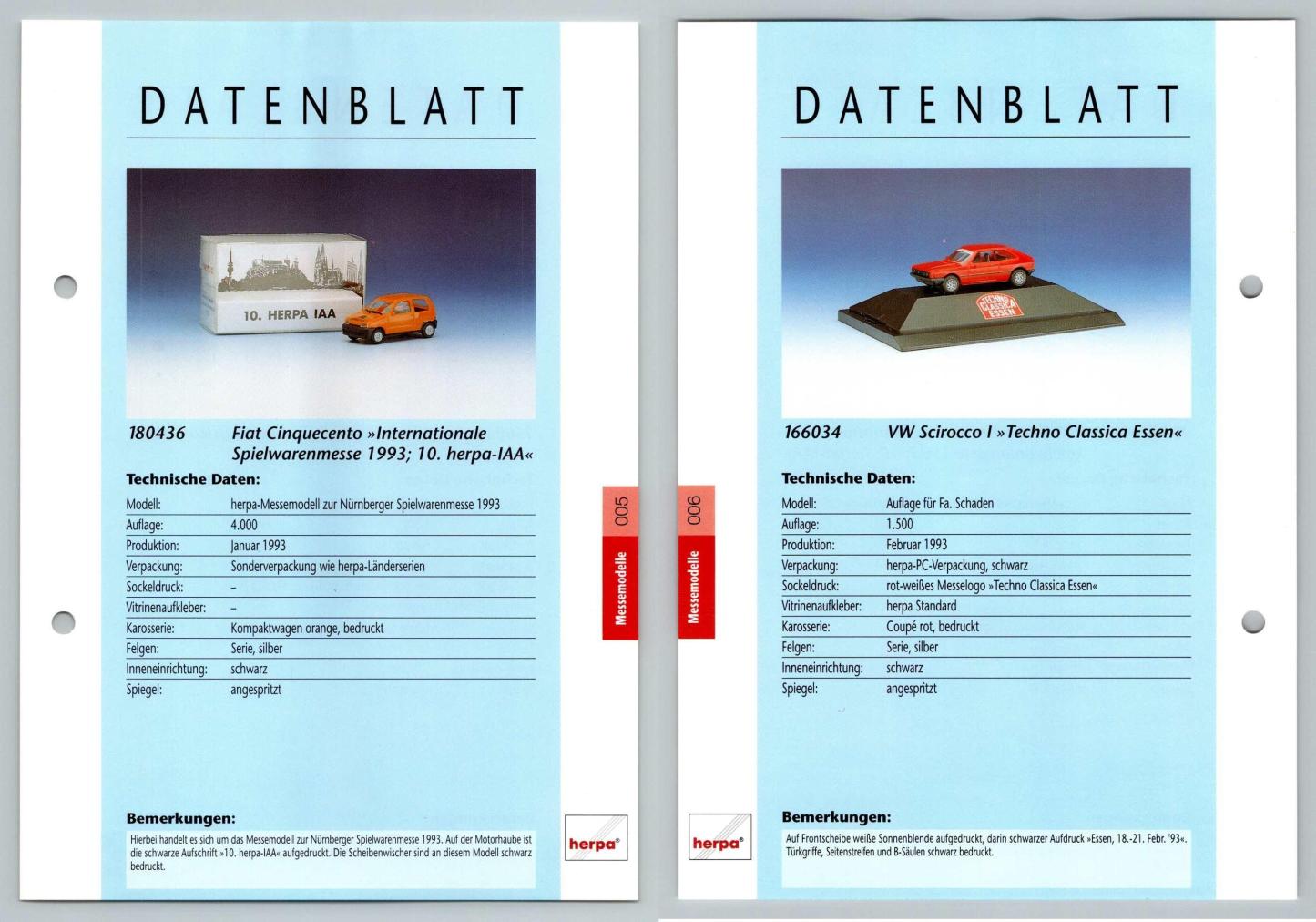 Fiat Cinquecento / VW Scirocco I #5/6 Messemodelle - Herpa Data Sheet-Breakoutcards