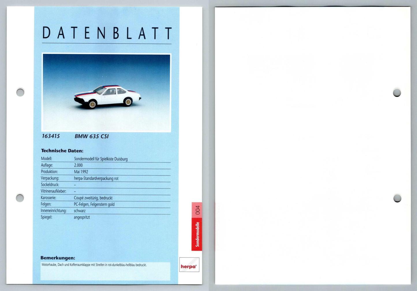 BMW 635 CSI #4  Sondermodelle - Herpa Data Sheet-Breakoutcards