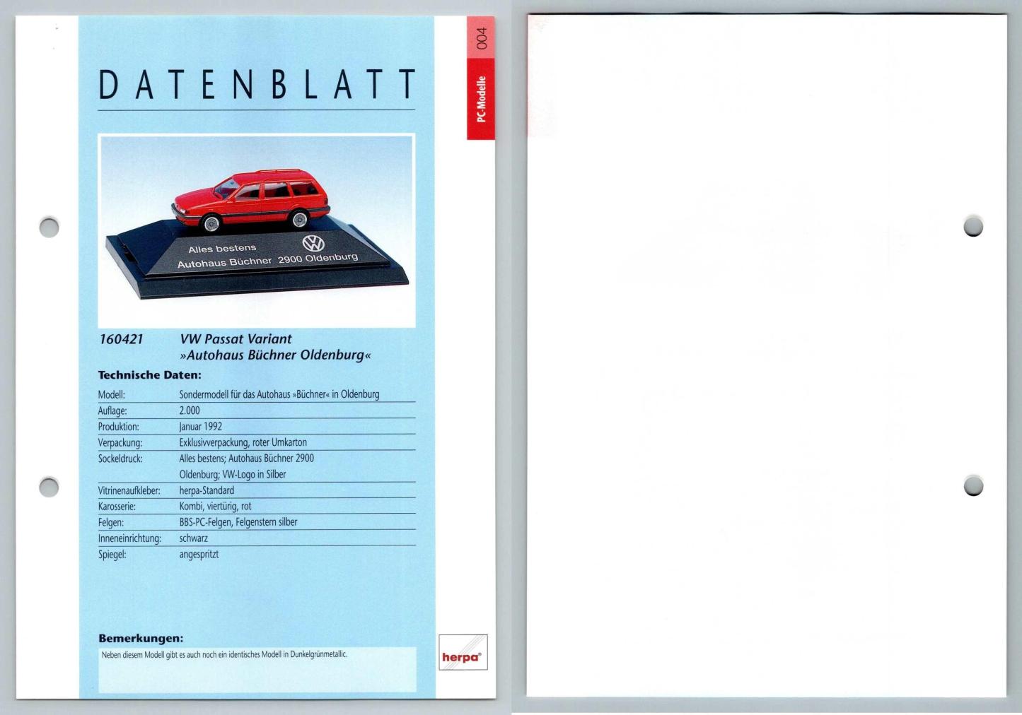 VW Passat Variant #4  PC-Modelle - Herpa Data Sheet-Breakoutcards