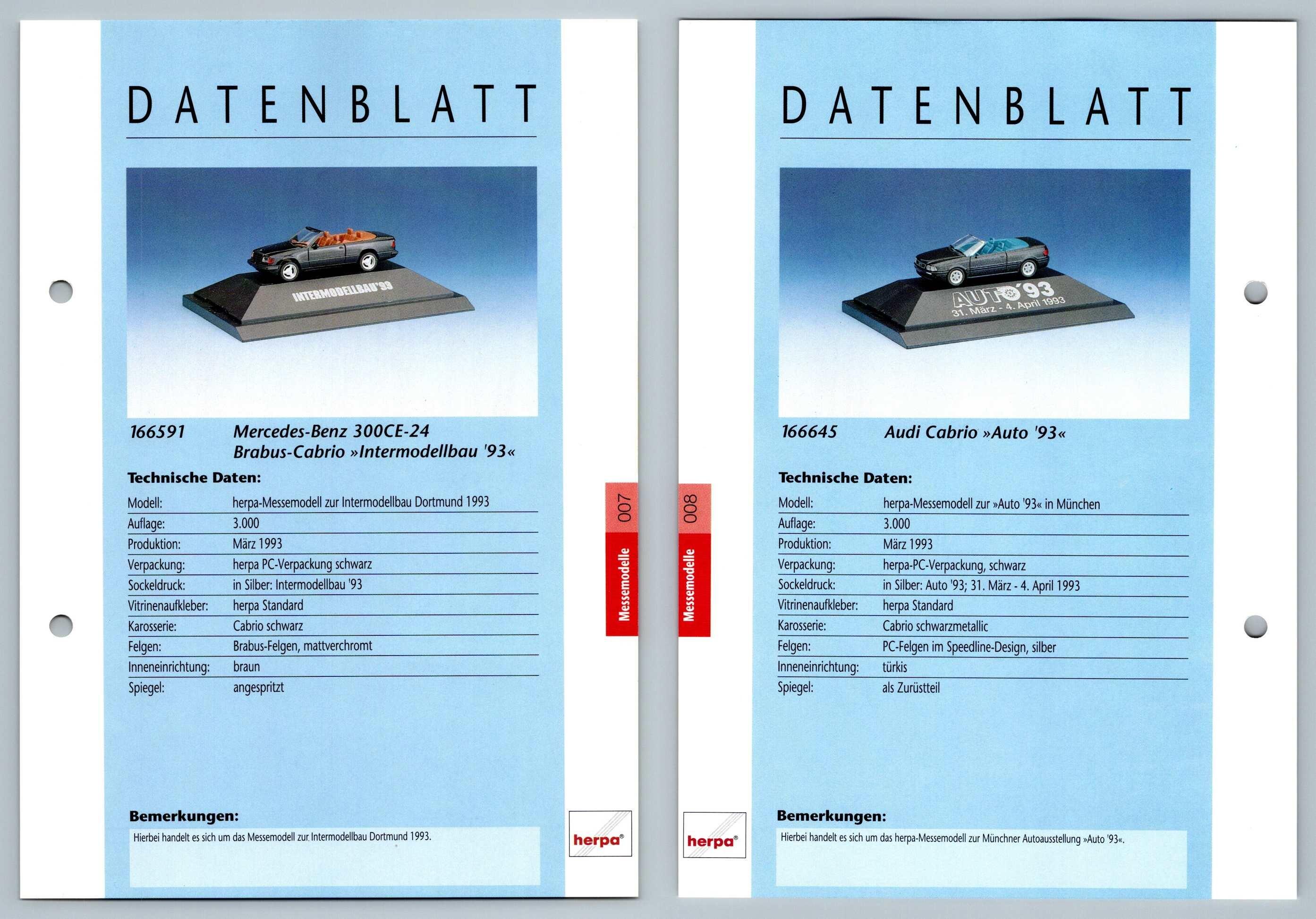 Mercedes Benz 300CE-24 / Audi Cabrio #7/8 Messemodelle - Herpa Data Sheet-Breakoutcards