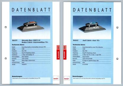 Mercedes Benz 300CE-24 / Audi Cabrio #7/8 Messemodelle - Herpa Data Sheet-Breakoutcards