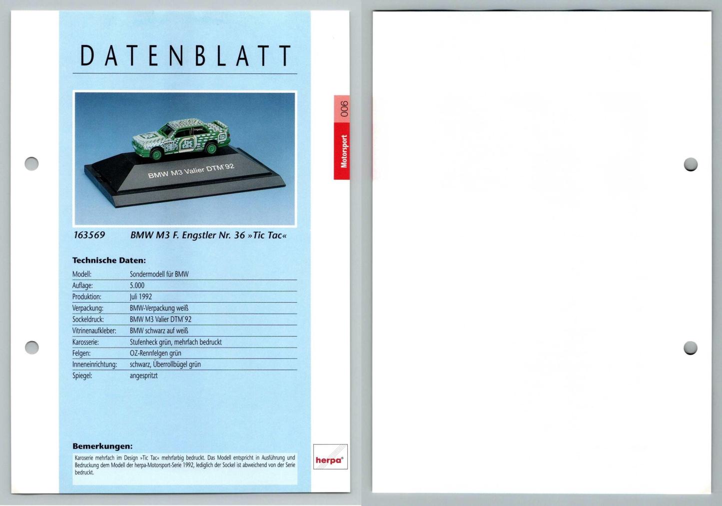 BMW M3 Tic Tac #6 Motorsport - Herpa Data Sheet-Breakoutcards