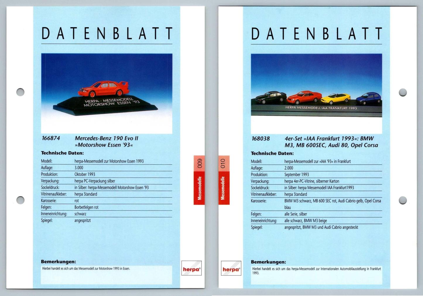 Mercedes Benz 190 Evo II / 4er Set #9/10 Messemodelle - Herpa Data Sheet-Breakoutcards
