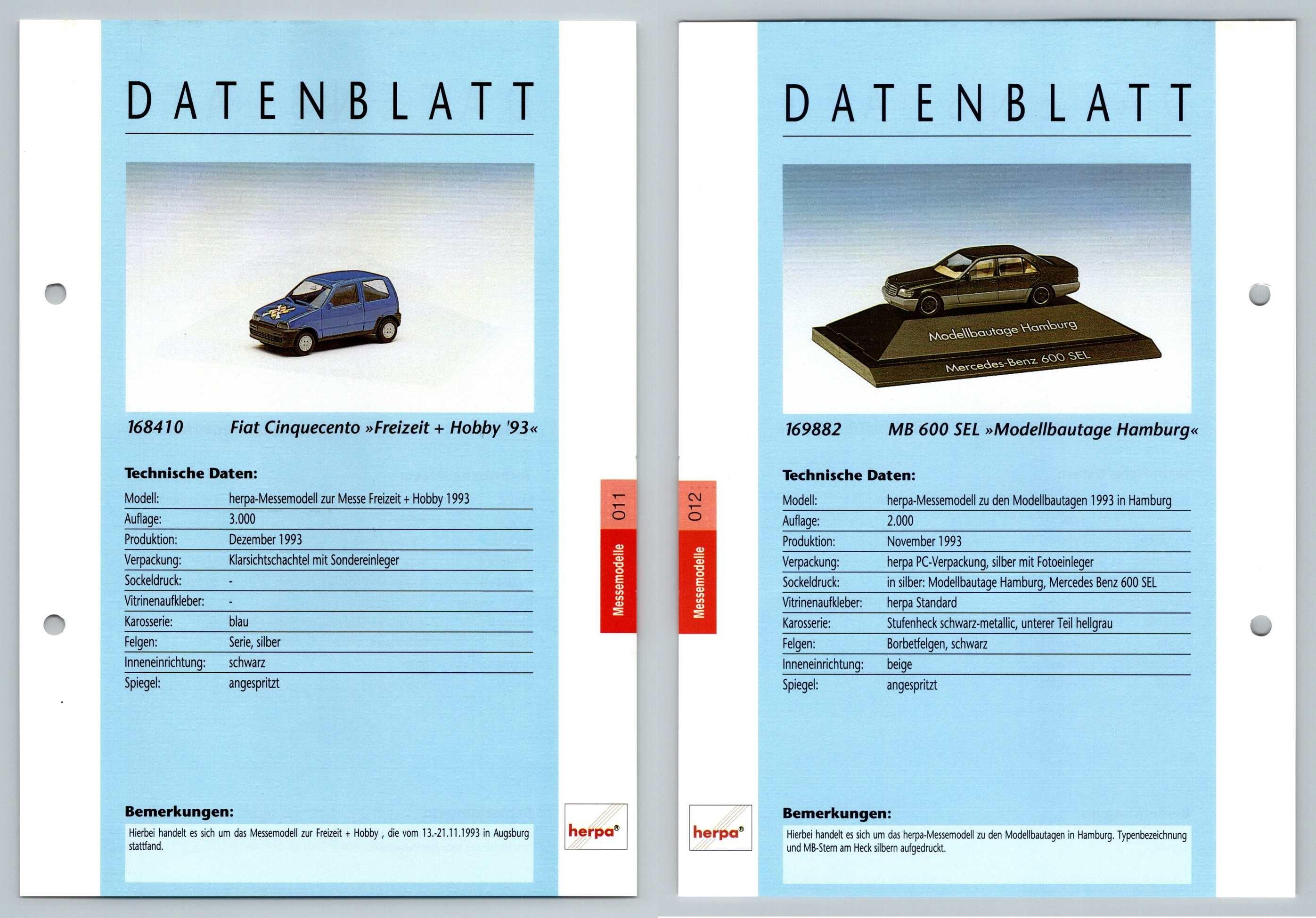 Fiat Cinquecento / MB 600 SEL #11/12 Messemodelle - Herpa Data Sheet-Breakoutcards