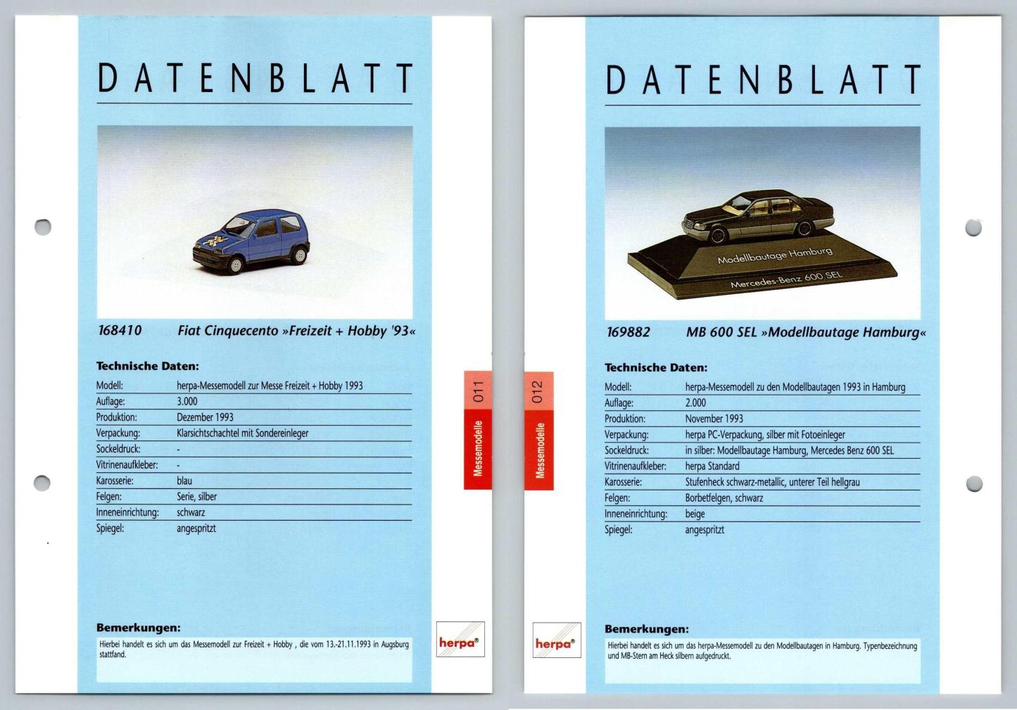 Fiat Cinquecento / MB 600 SEL #11/12 Messemodelle - Herpa Data Sheet-Breakoutcards