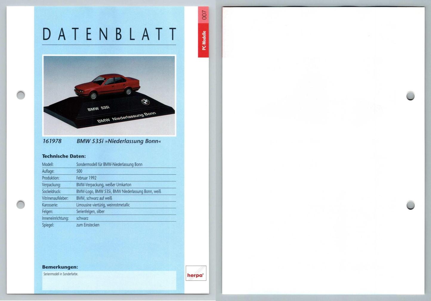 BMW 535i #7  PC-Modelle - Herpa Data Sheet-Breakoutcards
