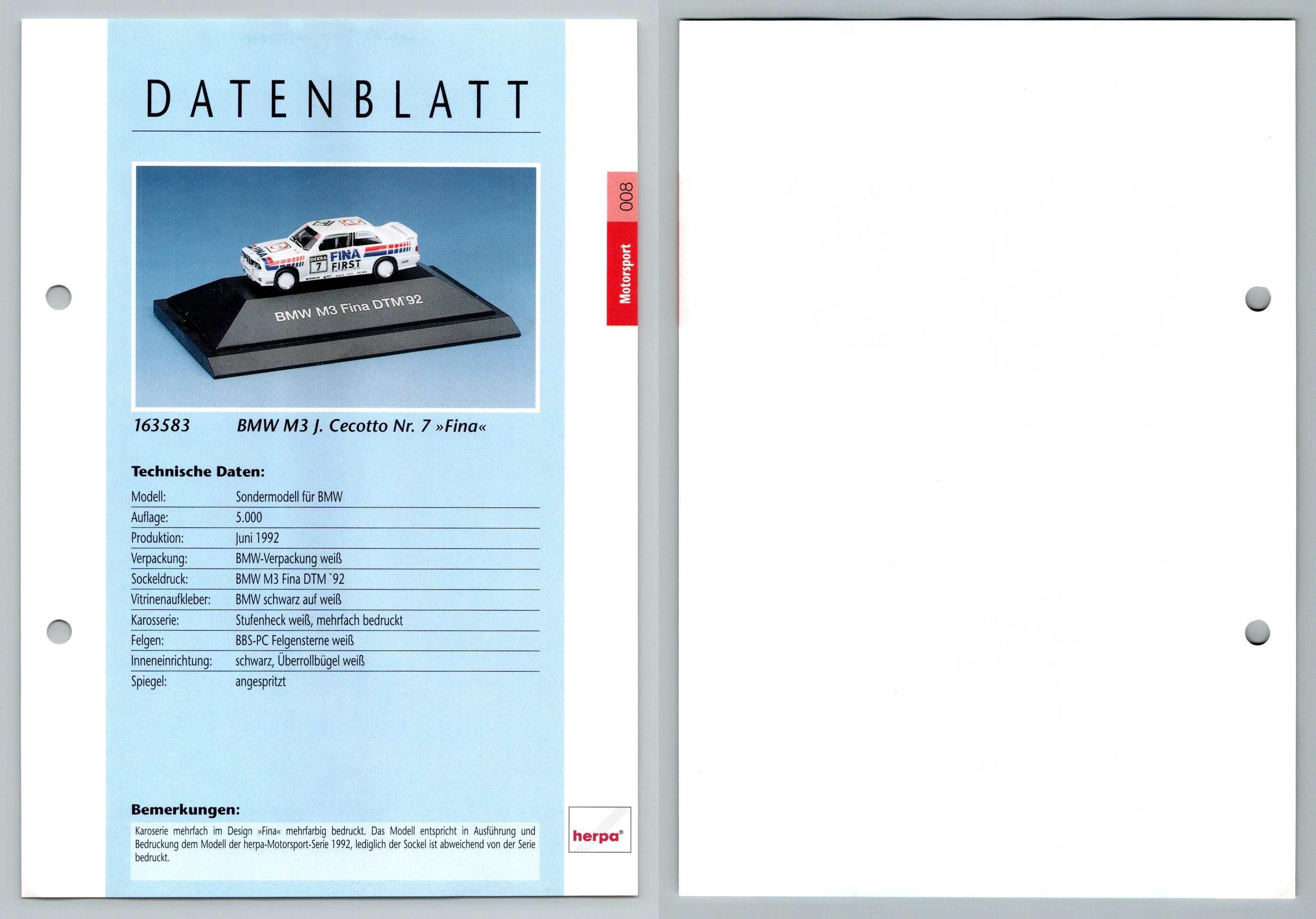 BMW M3 Fina #8 Motorsport - Herpa Data Sheet-Breakoutcards