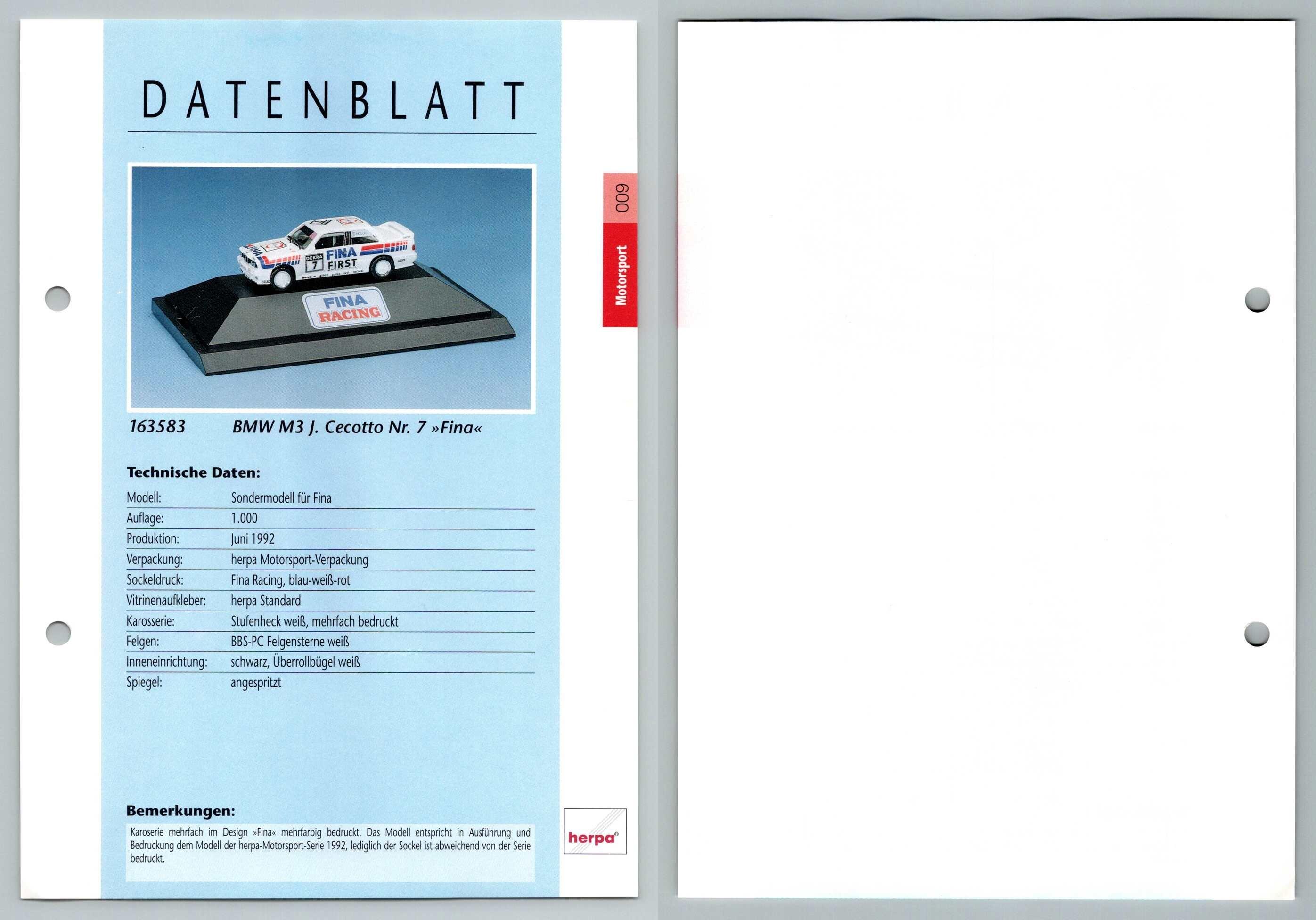 BMW M3 Fina #9 Motorsport - Herpa Data Sheet-Breakoutcards
