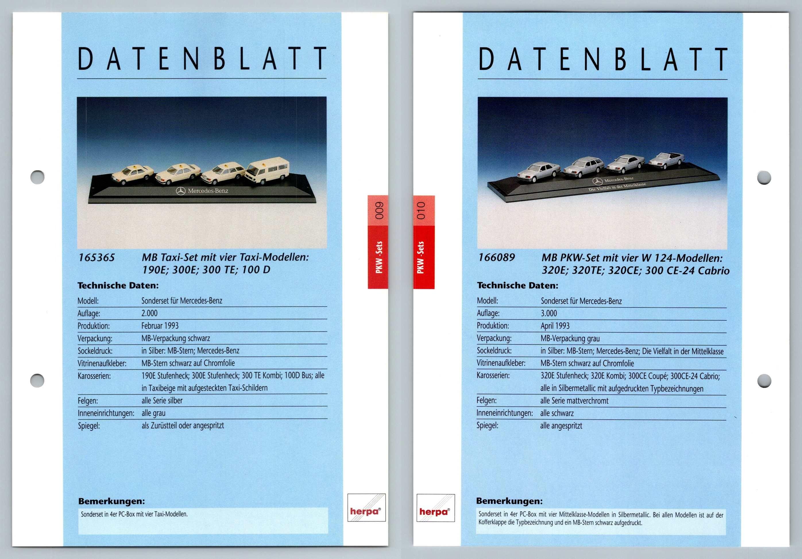 Mercedes Benz Taxi 190E, 300E, 300 TE 100D / PKW Set #9/10 PKW - Herpa Data Sheet-Breakoutcards