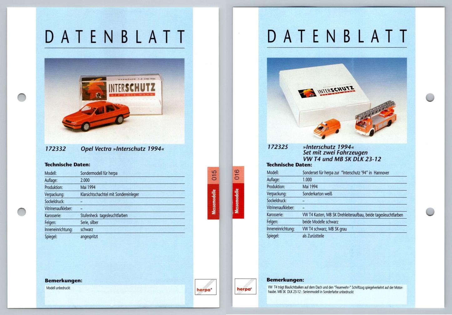 Opel Vectra / VW T4 & MB SK DLK 23-12 #15/16 Messemodelle - Herpa Data Sheet-Breakoutcards