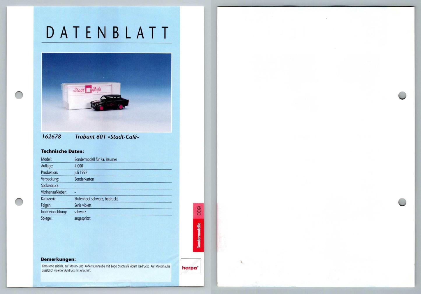 Trabant 601 Stadt-Cafe #9 Sondermodelle - Herpa Data Sheet-Breakoutcards
