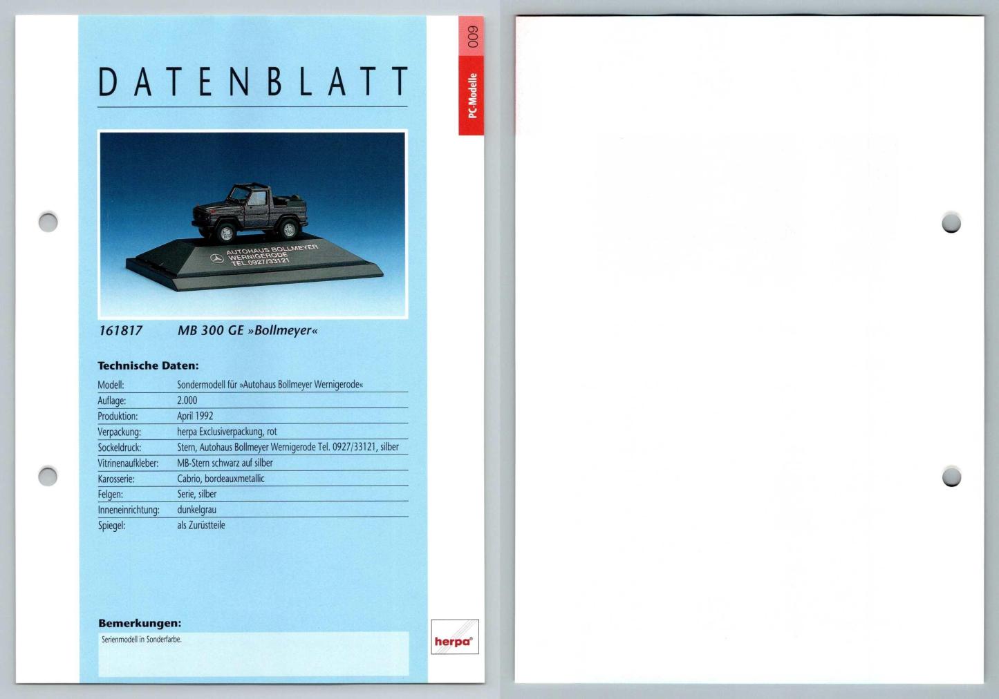 Mercedes Benz 300 GE Bollmeyer #9  PC-Modelle - Herpa Data Sheet-Breakoutcards
