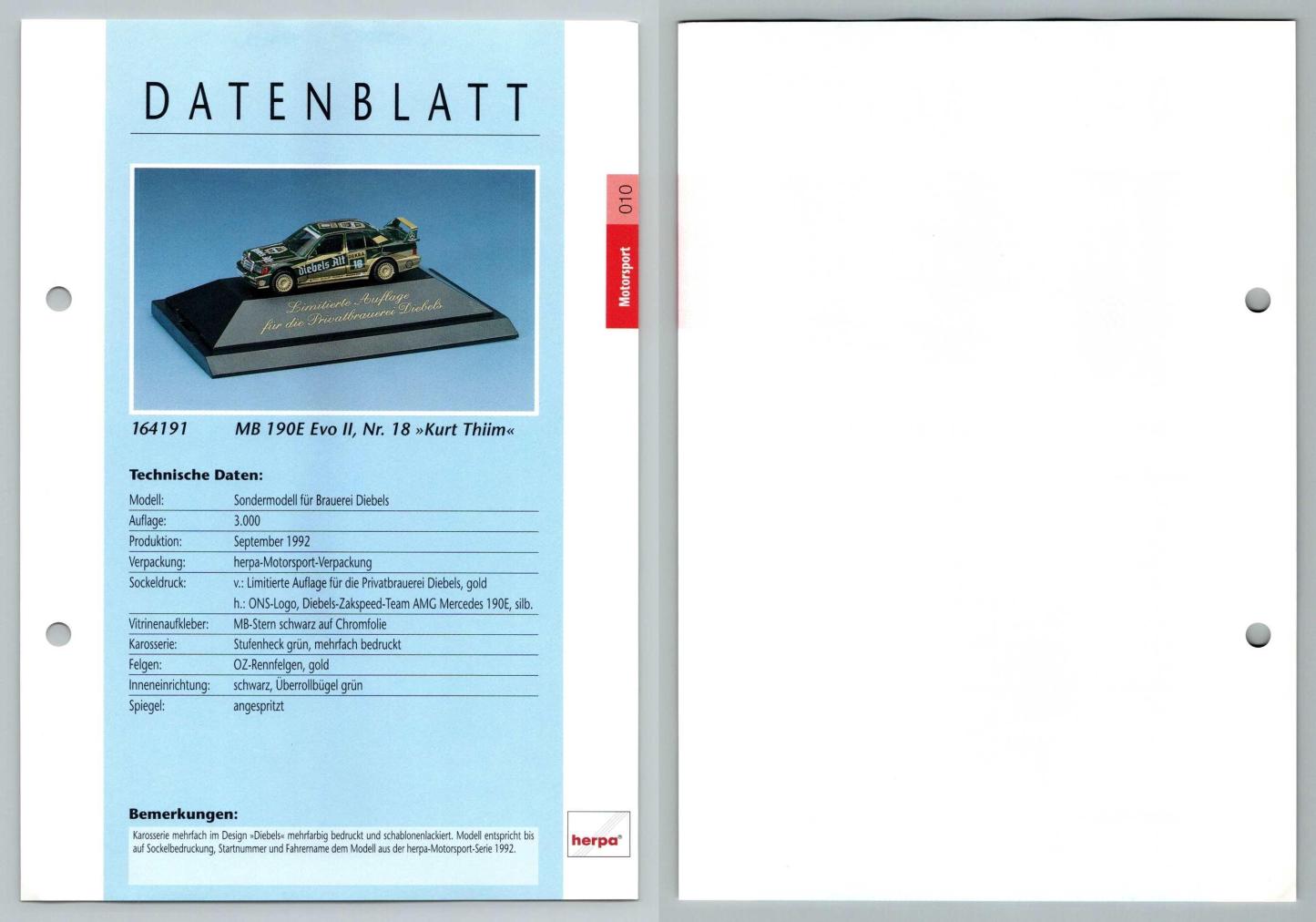 Mercedes Benz 190E Evo II Kurt Thiim #10 Motorsport - Herpa Data Sheet-Breakoutcards