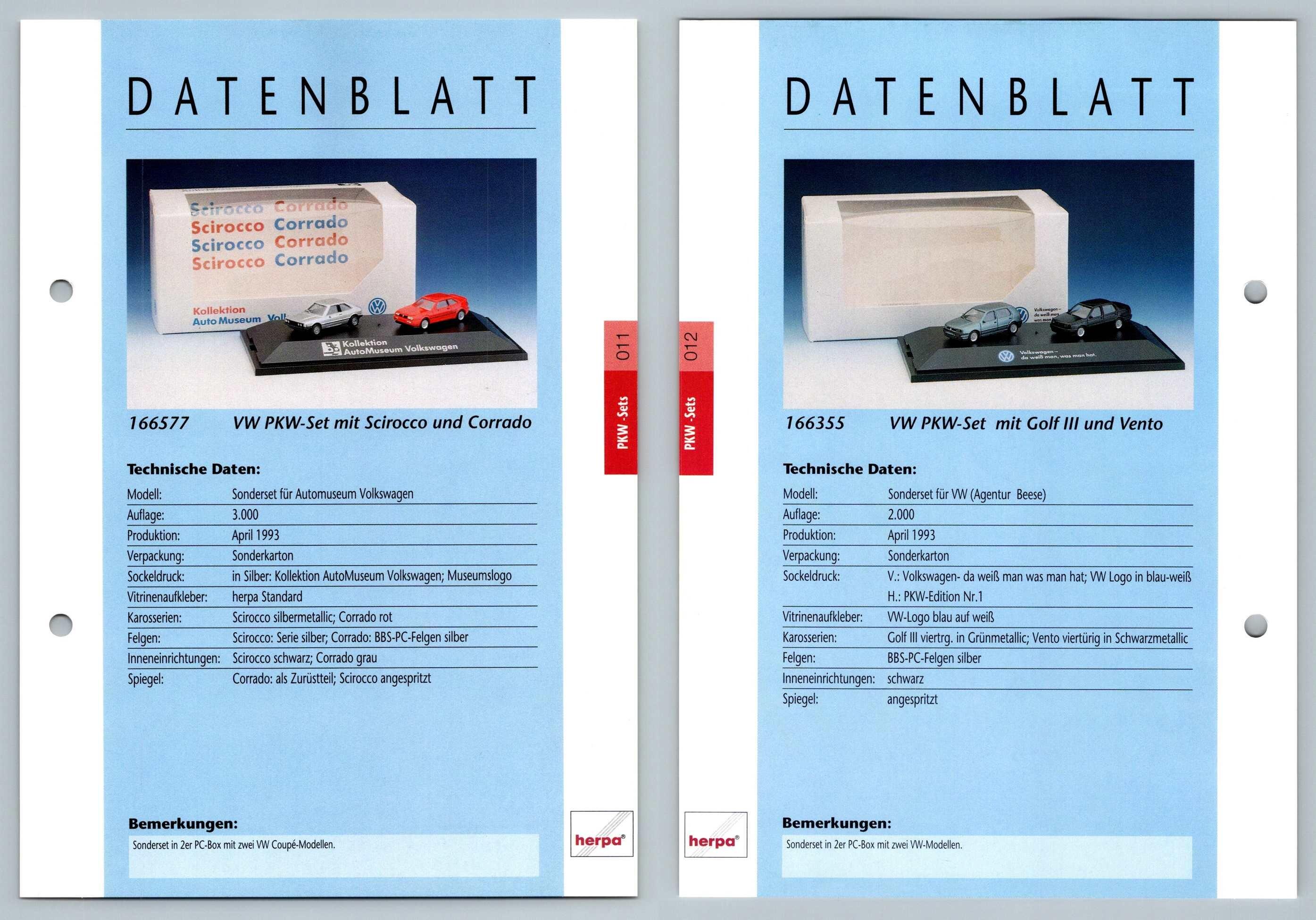 VW Scirocco & Corrado / Golf III & Vento #11/12 PKW - Herpa Data Sheet-Breakoutcards