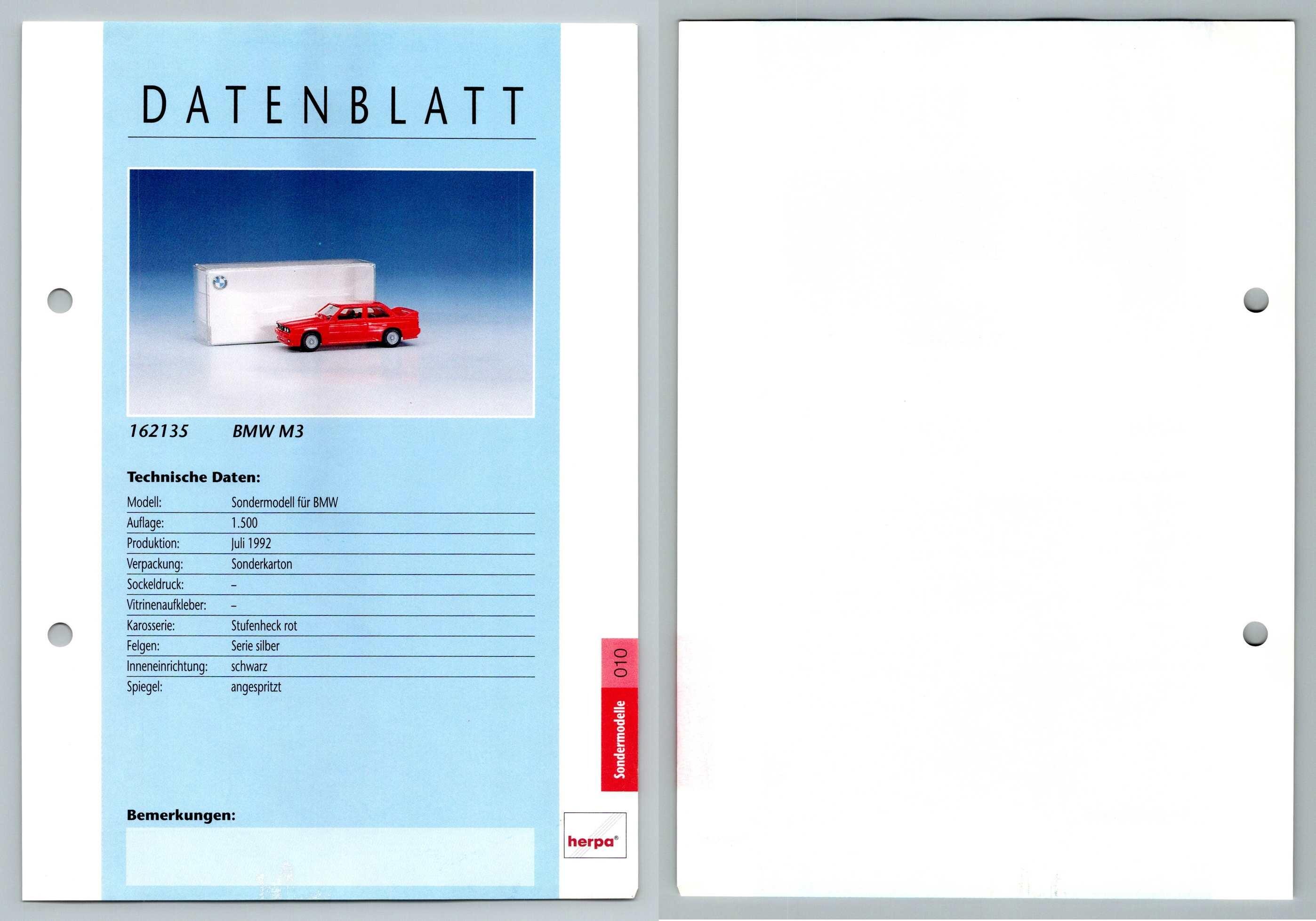 BMW M3 #10 Sondermodelle - Herpa Data Sheet-Breakoutcards
