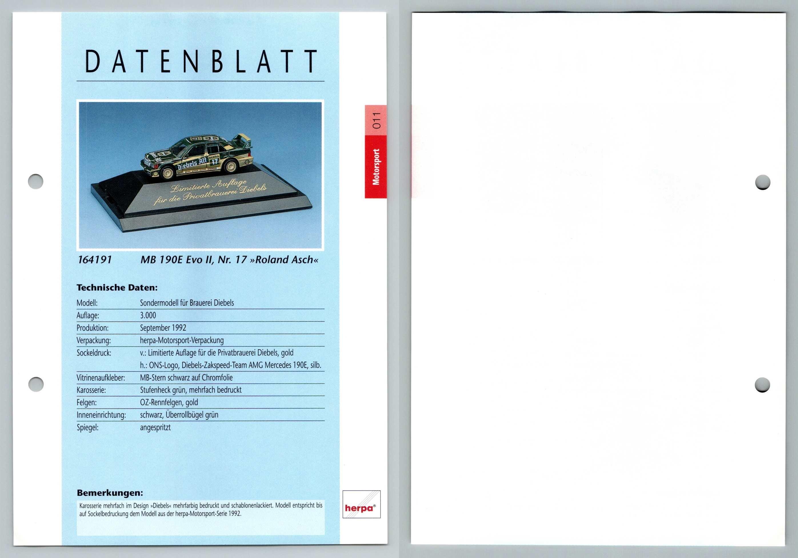 Mercedes Benz 190E Evo II Roland Asch #11 Motorsport - Herpa Data Sheet-Breakoutcards