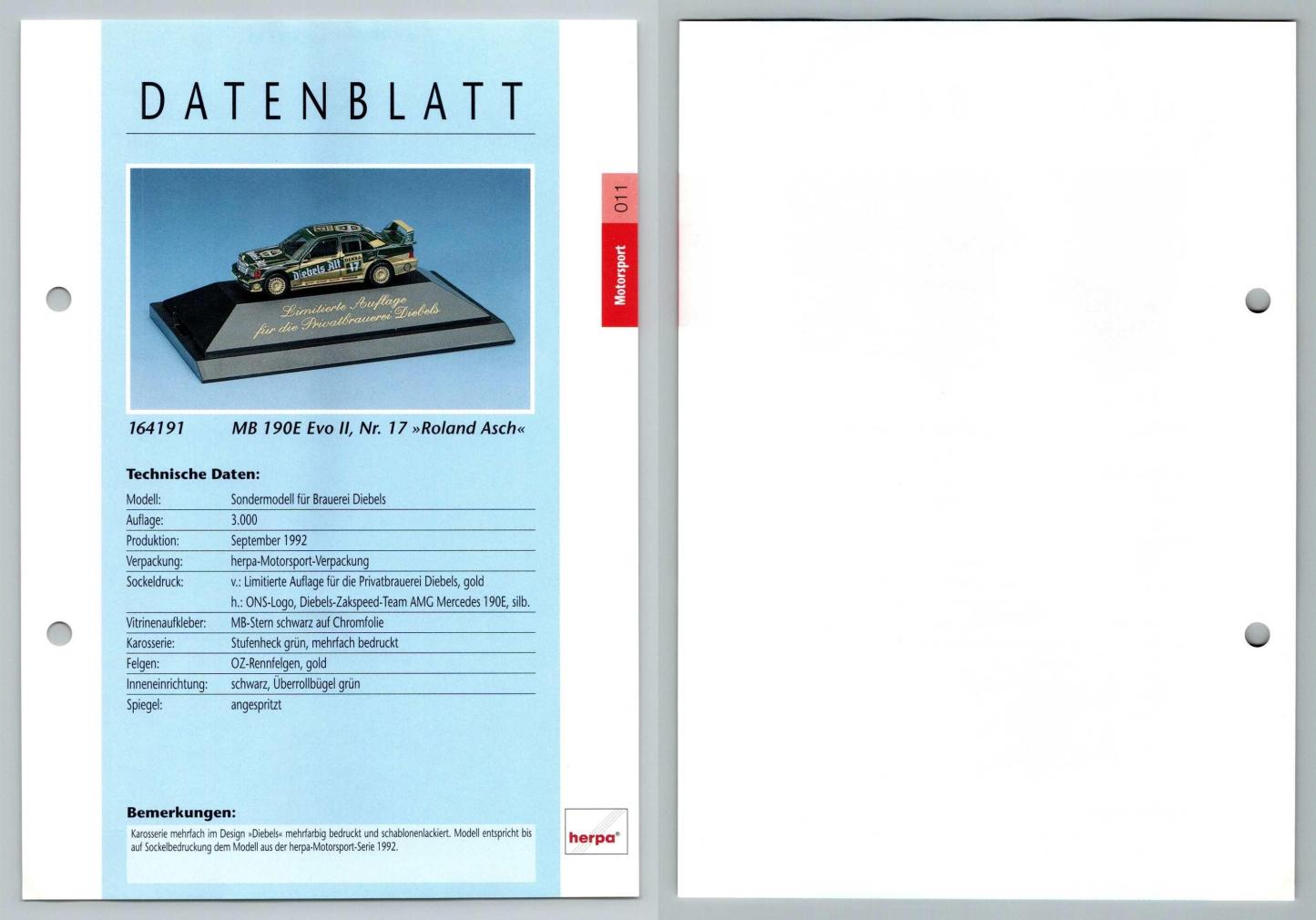 Mercedes Benz 190E Evo II Roland Asch #11 Motorsport - Herpa Data Sheet-Breakoutcards