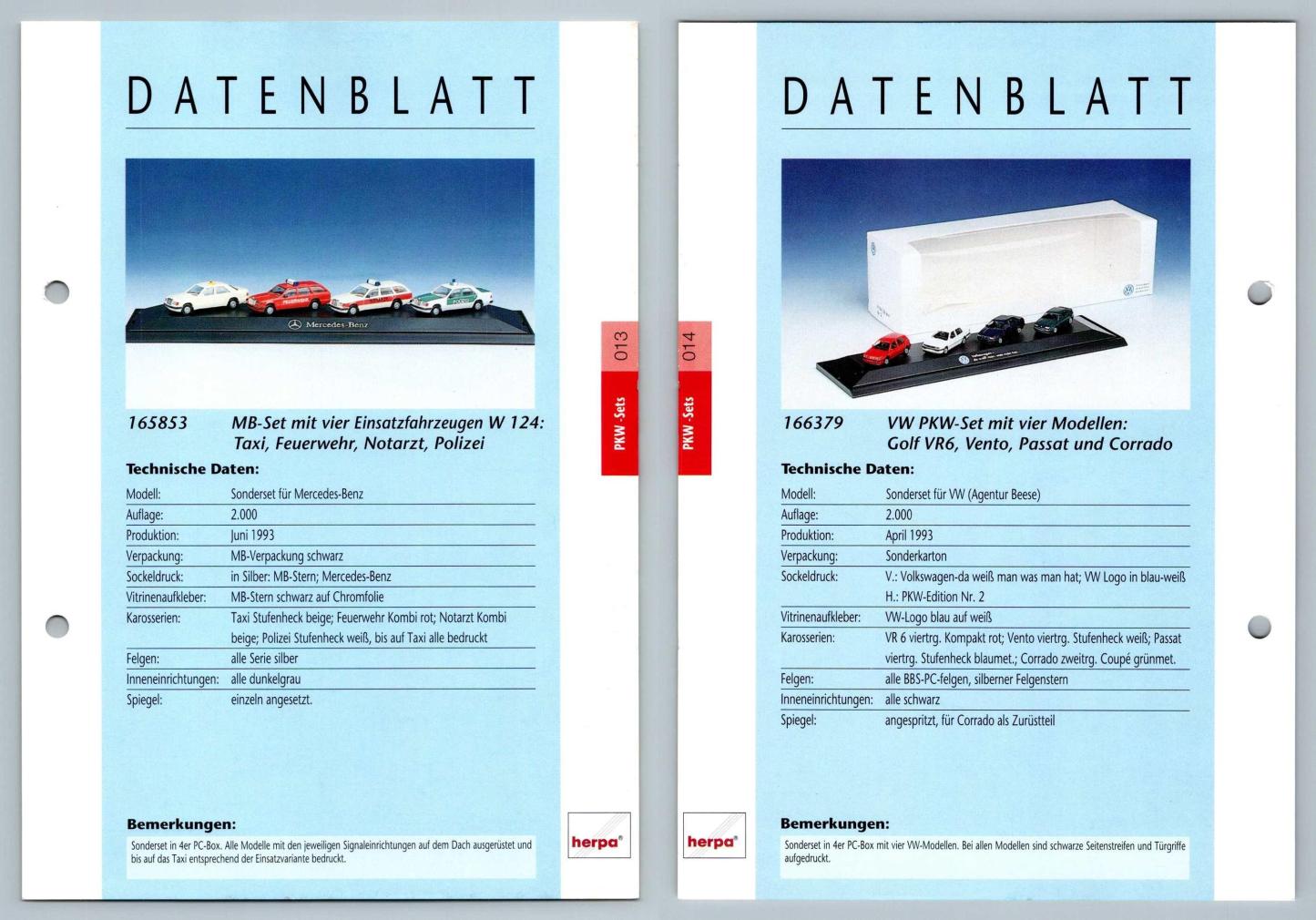 MB Taxi, Polizei / VW Golf VR6, Passat #13/14 PKW - Herpa Data Sheet-Breakoutcards
