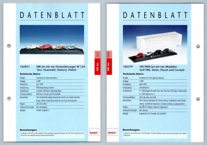 MB Taxi, Polizei / VW Golf VR6, Passat #13/14 PKW - Herpa Data Sheet-Breakoutcards